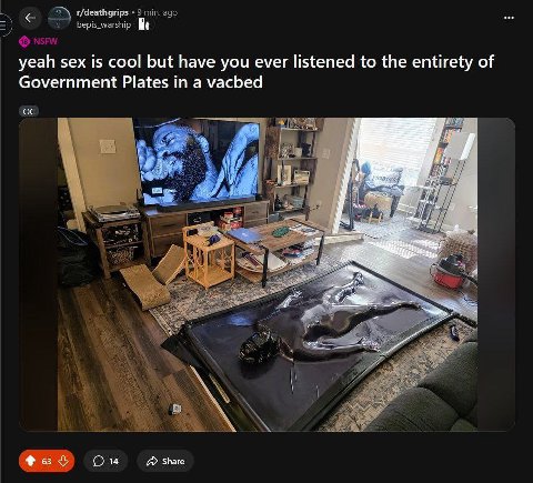 yeah sex is cool but have you ever listened to the entirety of Government Plates in a vacbed 63 Share