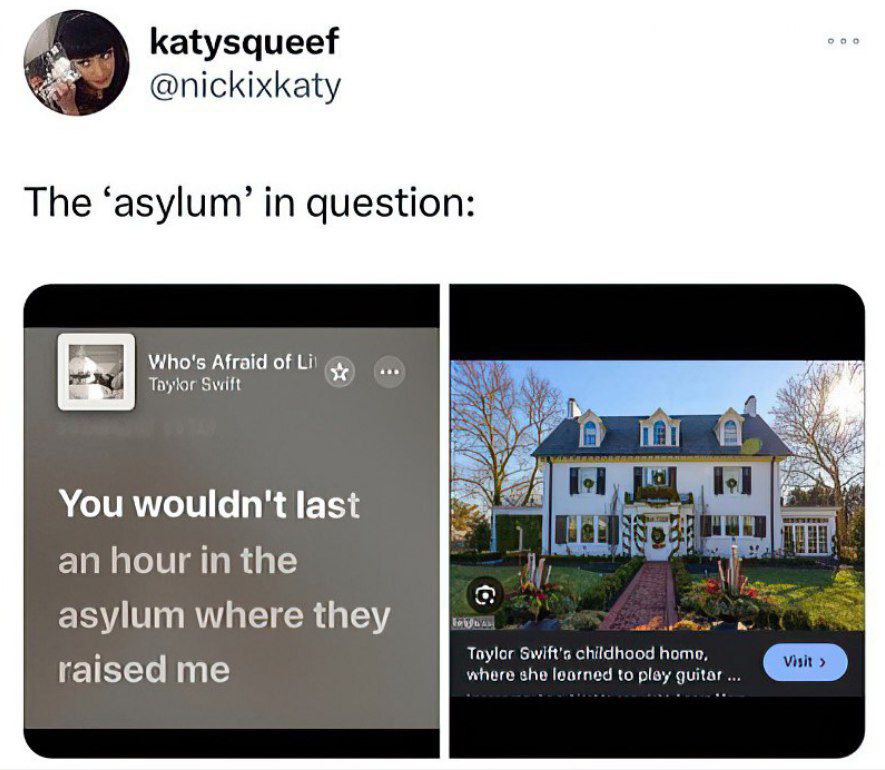 katysqueef @nickixkaty The ‘asylum’ in question Viho's Afraid of Тауюг Swift You wouldn't last ify asylum where they to) Swift's chitdhood homo, raised me where she learned to play