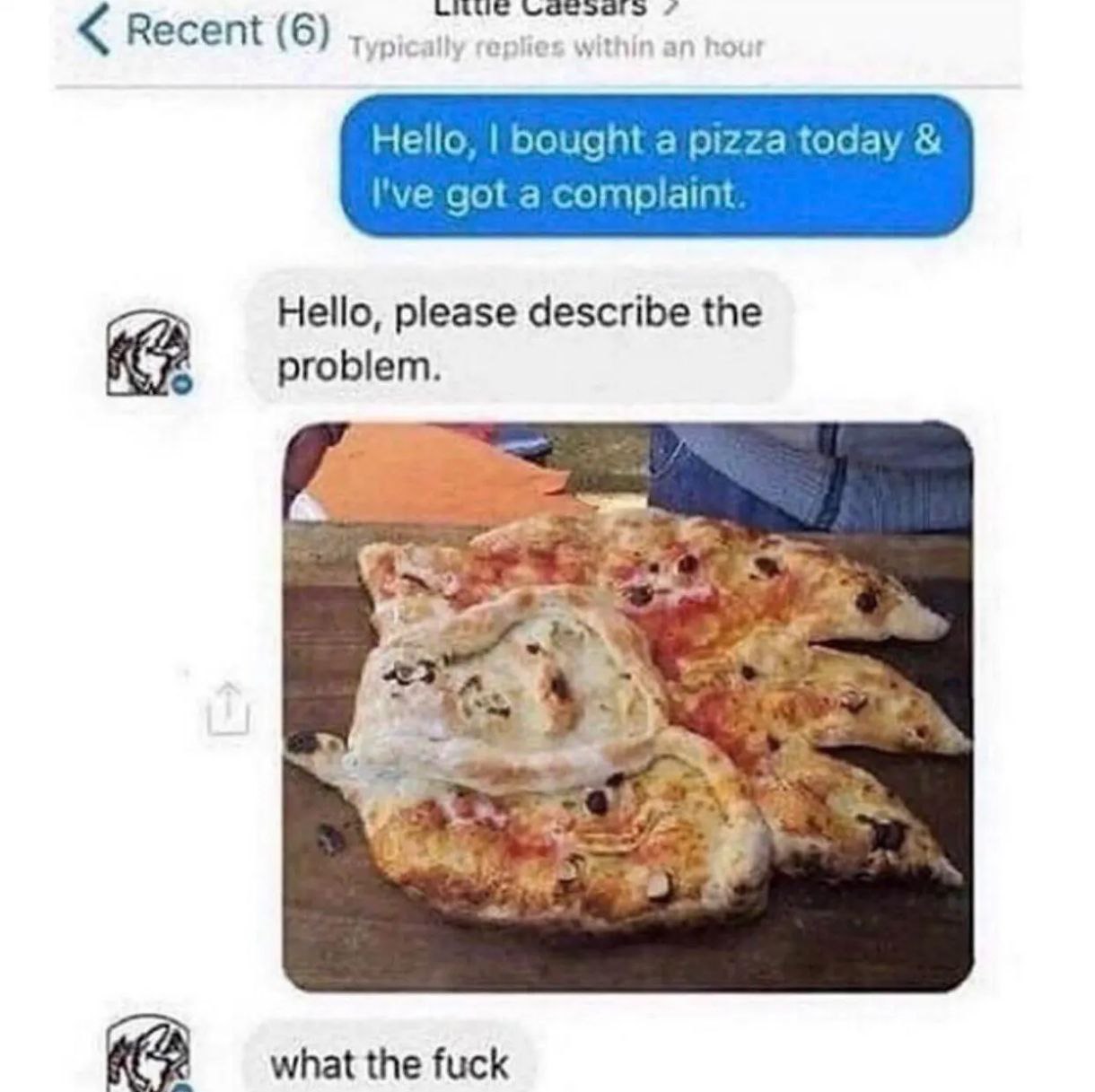 Recent (6) Typically replies within an hour Hello, bought a pizza today I've got a complaint Hello, please describe the a problem. 5% what the fuck