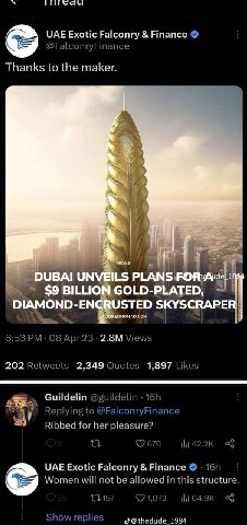 UAE Exotic Falconry Finance @FalconryFinance Thanks to the maker. $9 BILLIC GOLD- DIAMOND-ENC USTED SKYSCRAPE ЕОМОМАО. СОМ 8:53 08 Apr 23 Views 202 Retweets 2,349 Quotes 1,897 Likes Guildelin Replying