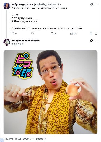 нейропидореска @kukla_perduna- 14 Jour В жизни я ненавижу до скрежета зубов 3 вещи: 1. Лук 2. Усы у мужиков 3. Леопардовый принт И ещё примерно миллиард ненавижу просто так, тихонько. 014 167 As Ультр