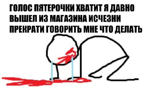 ГОЛОС ПЯТЕРОЧКИ ХВАТИТ Я ДАВНО ИЗ МАГАЗИНА ИСЧЕЗНИ ПРЕКРАТИ ГОВОРИТЬ МНЕ ЧТО ДЕЛАТЬ