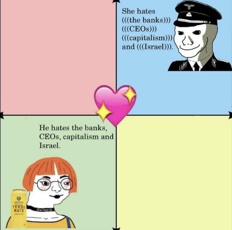 She hates (((the banks))) (((СЕОз))) (((capitalism))) and (((Israel))). at He hates the CEOs, capitalism and Israel.