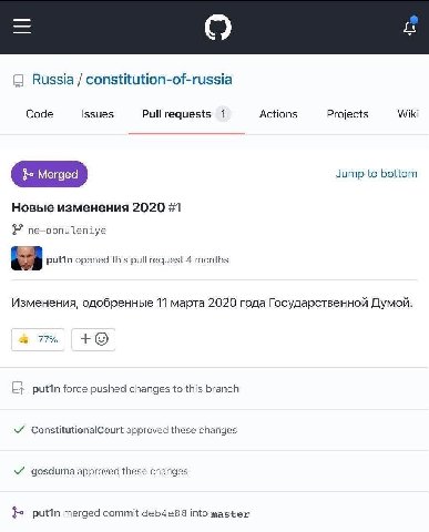 Russia constitution-of-russia Code Issues 1 Actions Projects Wiki Merged Jump to bottom Новые изменения 2020 #1 ne-obnuleniye рип opened this pull request 4 months Изменения, одобренные 11 марта 2020 
