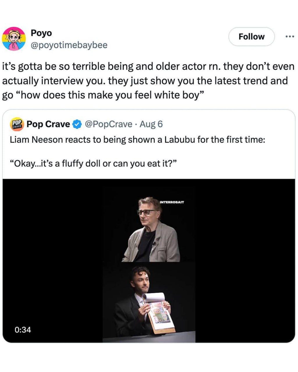 Poyo Follow @poyotimebaybee it’s gotta be so terrible being and older actor they don’t even actually interview you. they just show you the latest trend and “how does this make you feel white boy” Pop 
