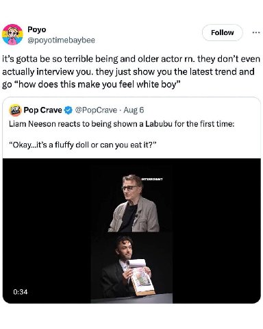 Poyo Follow @poyotimebaybee it’s gotta be so terrible being and older actor they don’t even actually interview you. they just show you the latest trend and “how does this make you feel white boy” Pop 