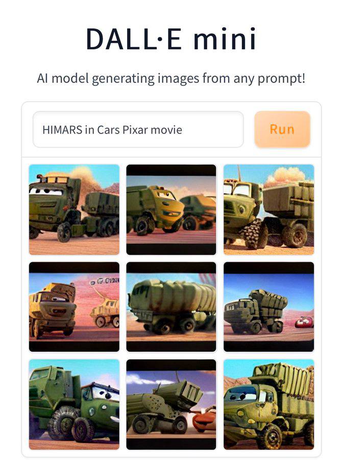 model generating images from any prompt! HIMARS in Cars Pixar movie У к У