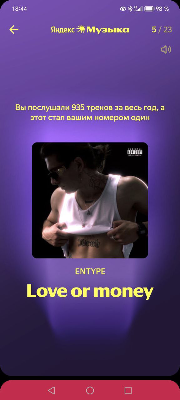 18:44 98 5 Яндекс Музыка Вы послушали 935 треков за весь год, а этот стал вашим номером один ЕМТУРЕ Love or money