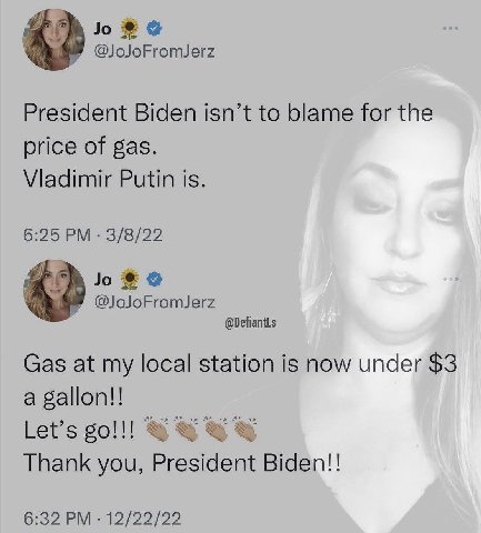 @JoJoFromJerz President Biden isn’t to blame for the price of gas. Putin is. 6:25 3/8/22 @JoJoFromJerz @DefiantLs Gas at my local station is now under $3 a gallon!! Let’s Thank you, President Biden!! 
