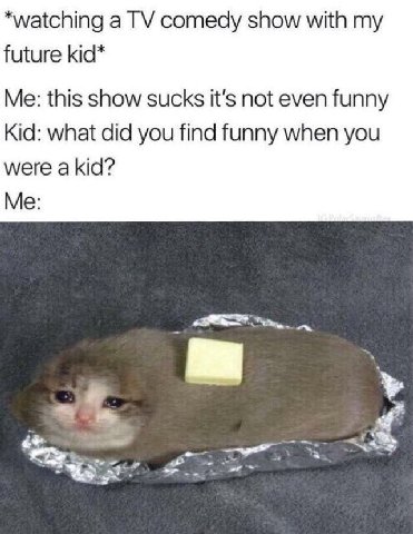 *watching a comedy show with my future kid* Me: this show sucks it's not even funny Kid: what did you find funny when you were a kid? Me: