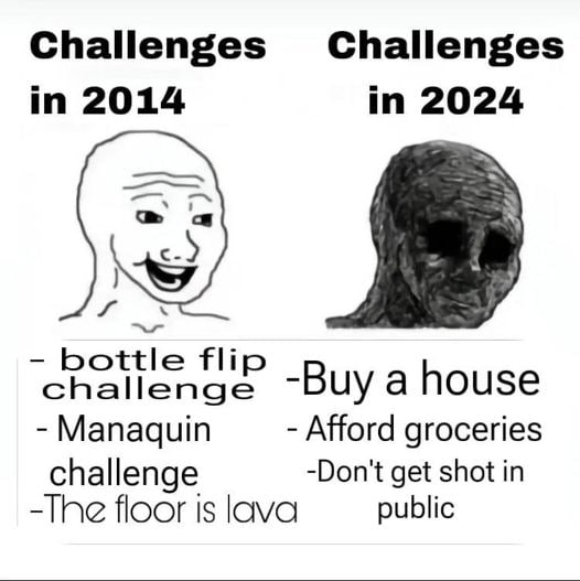 Challenges Challenges in 2014 in 2024 a bottle flip challenge -Buy a house Manaquin Afford groceries challenge -Don't get shot in -The floor is lava public