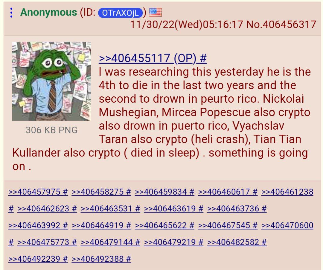Anonymous 11/30/22(Wed)05:16:17 No.406456317 pre >>406455117 was researching this yesterday he is the Ath to die in the last two years and the second to drown in peurto rico. Nickolai Mushegian, Mirce