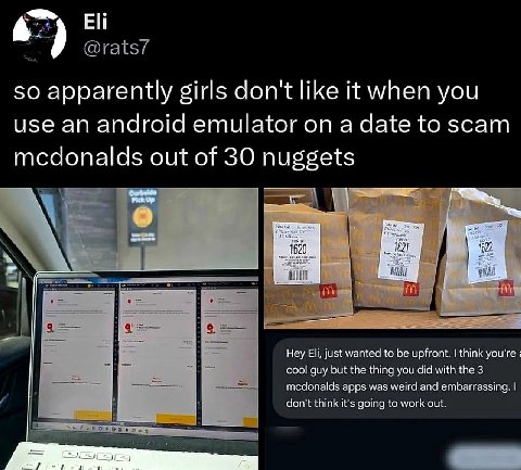 Eli @rats/ so apparently girls don't like it when you use an android emulator on a date to scam mcdonalds out of 30 nuggets Hey Eli, just wanted to be upfront. think you're cool guy but the thing you 