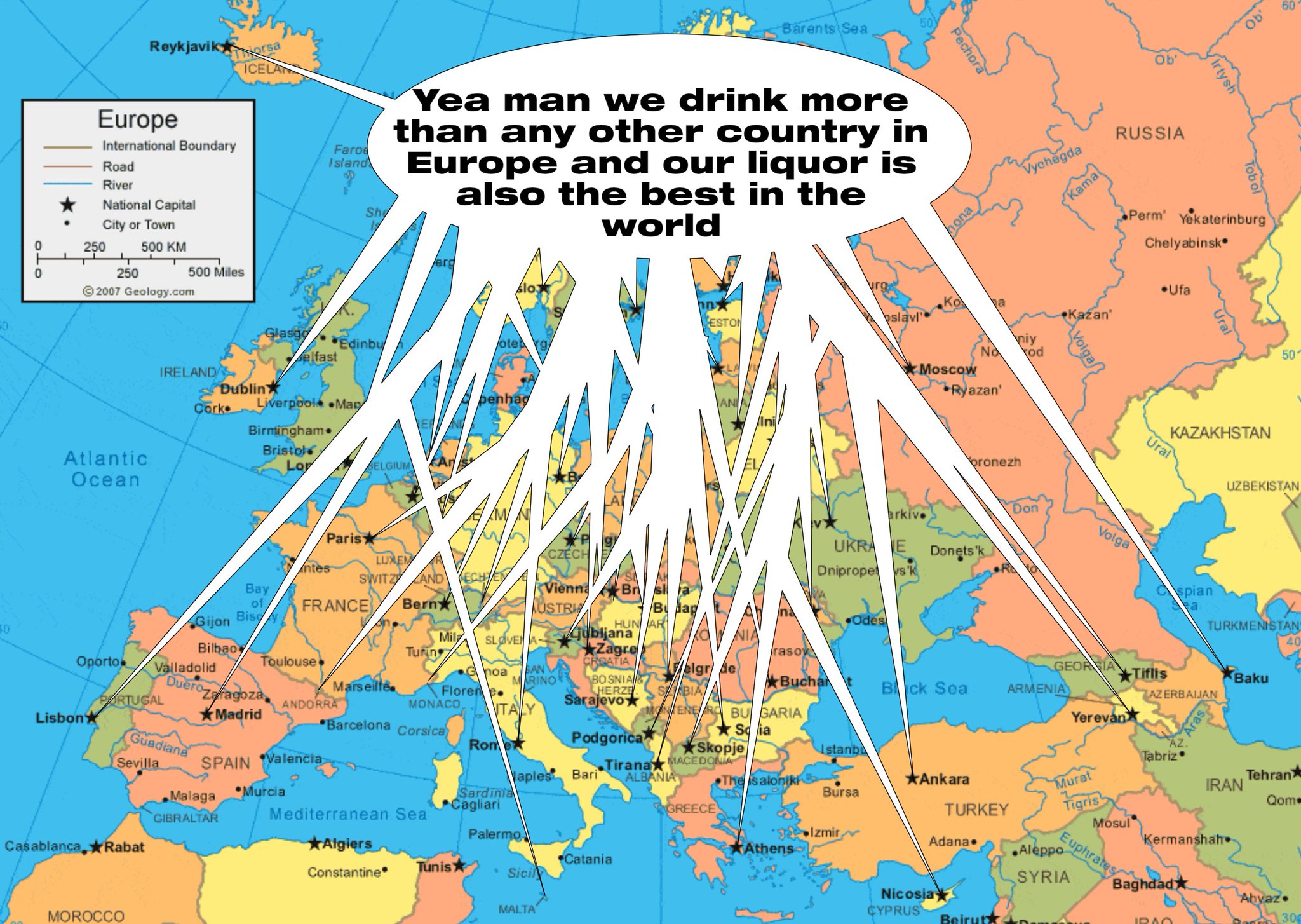 a 2 Europe Yea man we drink more Road International Boundary than any other country in Capital Rive Europe and our liquor is also the best in the world Perm’ 250 250 500 500 Mile: Chelyabinsk® 50 KAZA