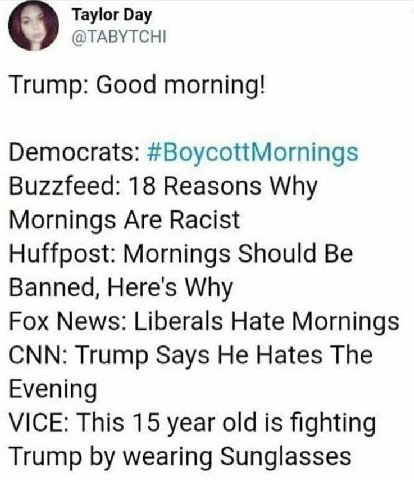 Taylor Day @ТАВУТСН! Trump: Good morning! Democrats: #BoycottMornings Buzzfeed: 18 Reasons Why Mornings Are Racist Huffpost: Mornings Should Be Banned, Here's Why Fox News: Liberals Hate Mornings CNN: