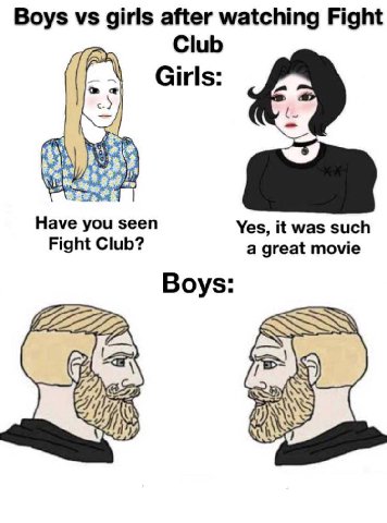 Boys girls after watching Fight Club Girls Have you seen Fight Club? Yes, it was such a great movie Boys: