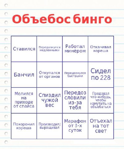 Объебосбинго Передознулся Работал Откачивал Ставился медленными минёром кореша Откупался Сидел Банчил органов стрыми по 228 Молился Спиздил Передоз что-нибудь, Продавал на словили приходе чужой из-за 