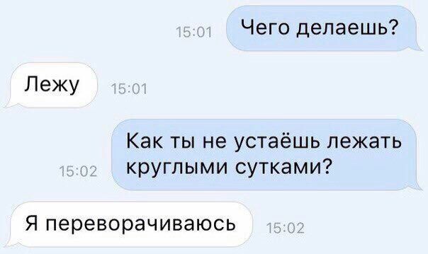 Чего делаешь? Лежу Как ты не устаёшь лежать круглыми сутками? Я переворачиваюсь
