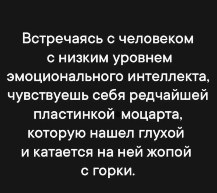 Встречаясь с человеком с низким уровнем эмоционального интеллекта, чувствуешь себя редчайшей пластинкой моцарта, которую нашел глухой и катается на ней жопой с горки.