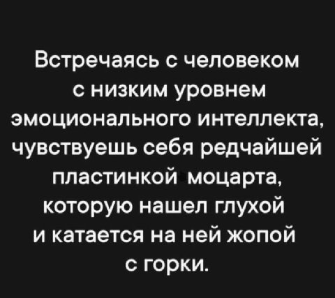 Встречаясь с человеком с низким уровнем эмоционального интеллекта, чувствуешь себя редчайшей пластинкой моцарта, которую нашел глухой и катается на ней жопой с горки.