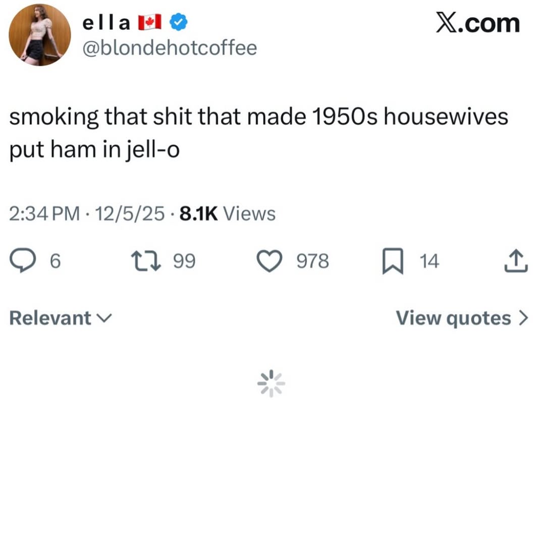 Х.сот @blondehotcoffee smoking that shit that made housewives put ham in jell-o 2:34 12/5/25 Views 6 99 978 14 Relevant View quotes