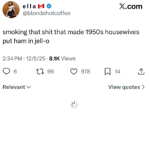 Х.сот @blondehotcoffee smoking that shit that made housewives put ham in jell-o 2:34 12/5/25 Views 6 99 978 14 Relevant View quotes
