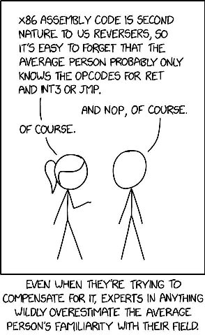 ASSEMBLY CODE 15 SECOND NATURE ТО REVERSERS, 50 IT'S EASY TO FORGET THAT THE AVERAGE PERSON PROBABLY ONLY KNOWS THE OPCODES FOR RET AND INT3 OR AND МОР, OF EVEN WHEN TRYING TO COMPENSATE FOR IT, EXPER