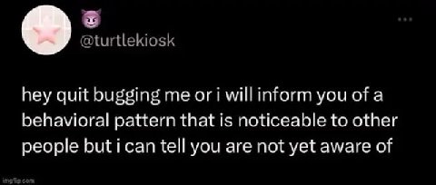 @turtlekiosk hey quit bugging me ori willinform you of a behavioral pattern that is noticeable to other people tell you are not yet aware of