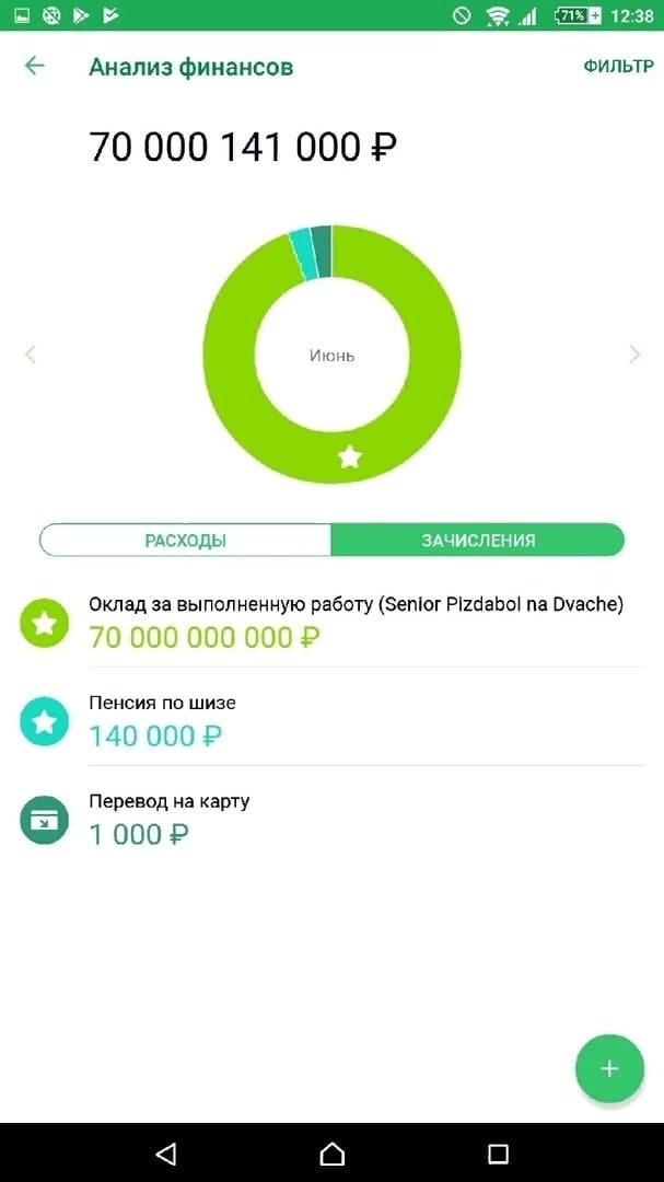 Fal 2 12:38 Анализ финансов ФИЛЬТР Июнь Оклад за выполненную работу (Senior Pizdabol Dvache) по шизе 140 0002 Перевод на карту 1 000