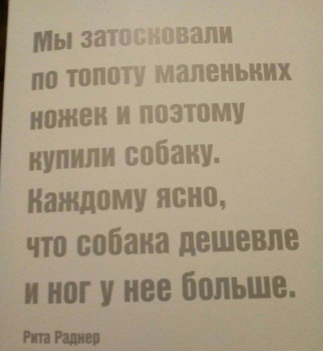 вали Мы по топоту маленьких ножек и поэтому купили собаку. Каждому ясно, что собака дешевле и ног у нее больше.