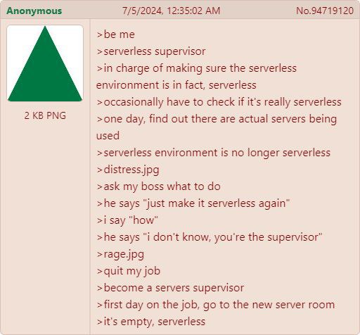Anonymous 7/5/2024, 12:35:02 No.94719120 >be me >serverless supervisor >in charge of making sure the serverless environment is in fact, serverless >occasionally have to check if it’s really serverless