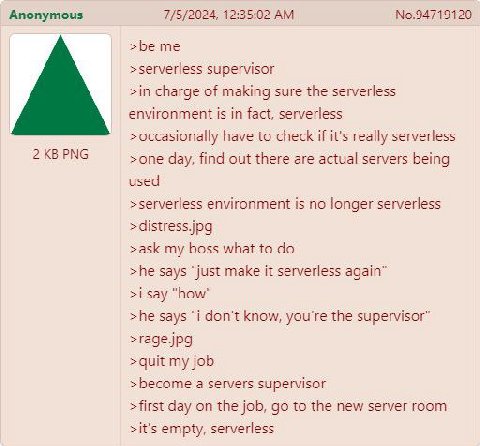 Anonymous 7/5/2024, 12:35:02 No.94719120 >be me >serverless supervisor >in charge of making sure the serverless environment is in fact, serverless >occasionally have to check if it’s really serverless