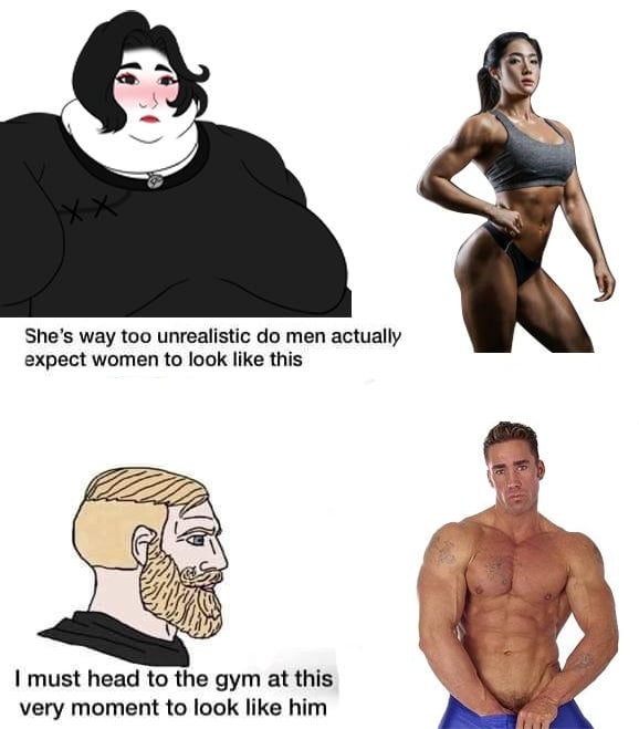 She’s way too unrealistic men actually expect women to look like this we must head to the gym at this very moment to look like him