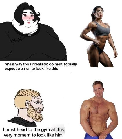 She’s way too unrealistic men actually expect women to look like this we must head to the gym at this very moment to look like him