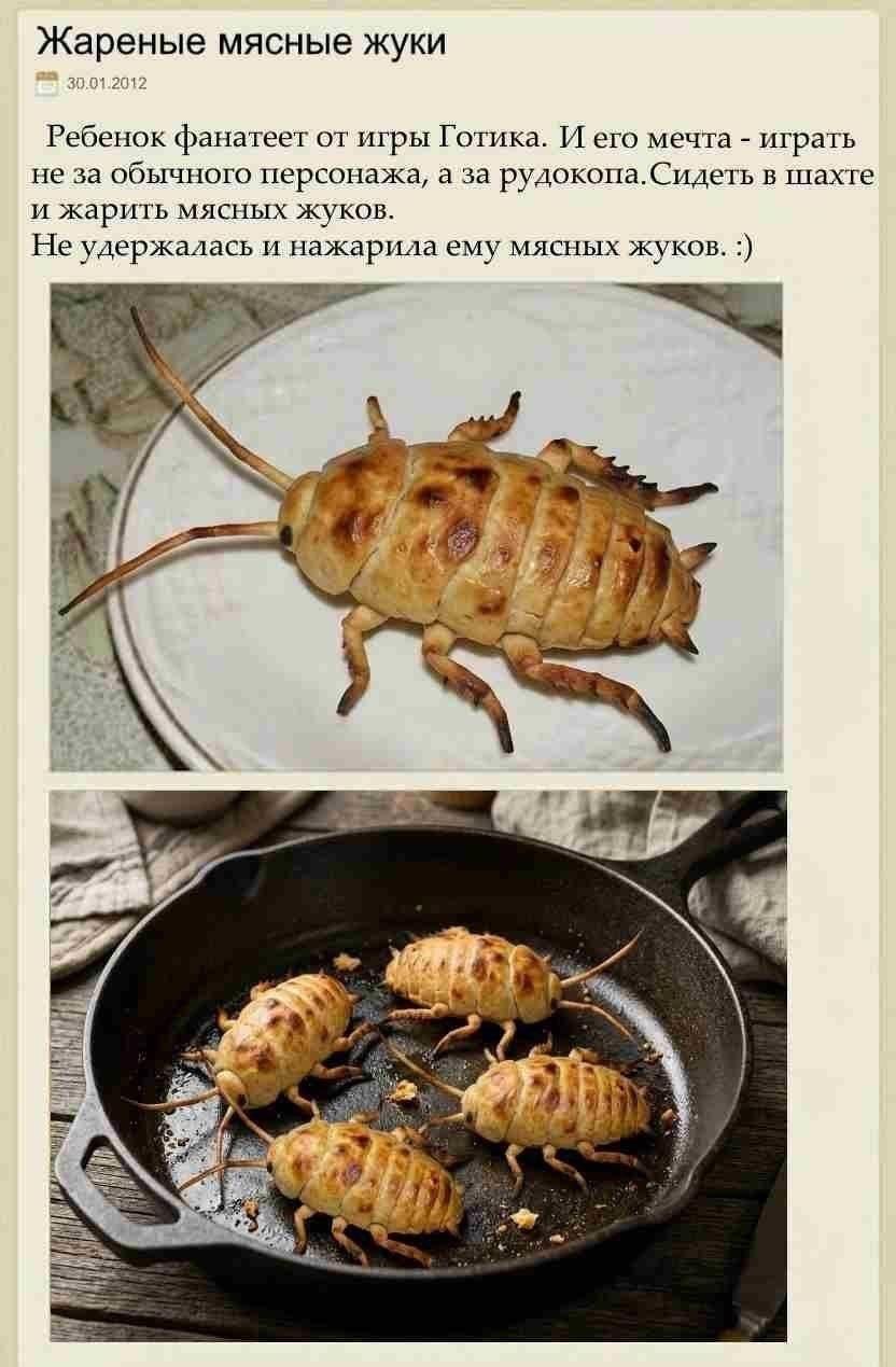 Жареные мясные жуки 2012 Ребенок фанатеет от игры Готика. И его мечта играть не за обычного персонажа, а за рудокопа.Сидеть в шахте и жарить мясных жуков. Не удержалась и нажарила ему мясных жуков. У»