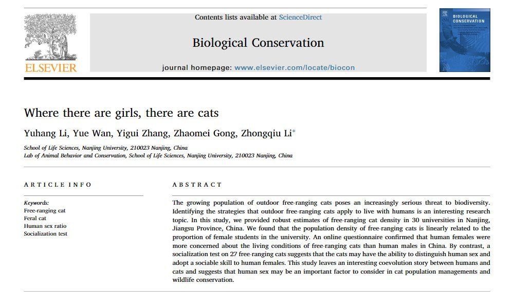 Contents lists available at ScienceDirect BIOLOGICAL CONSERVATION Biological Conservation vit LSEVIER journal homepage: www.elsevier.com/locate/biocon Where there are girls, there are cats Yuhang Yue 