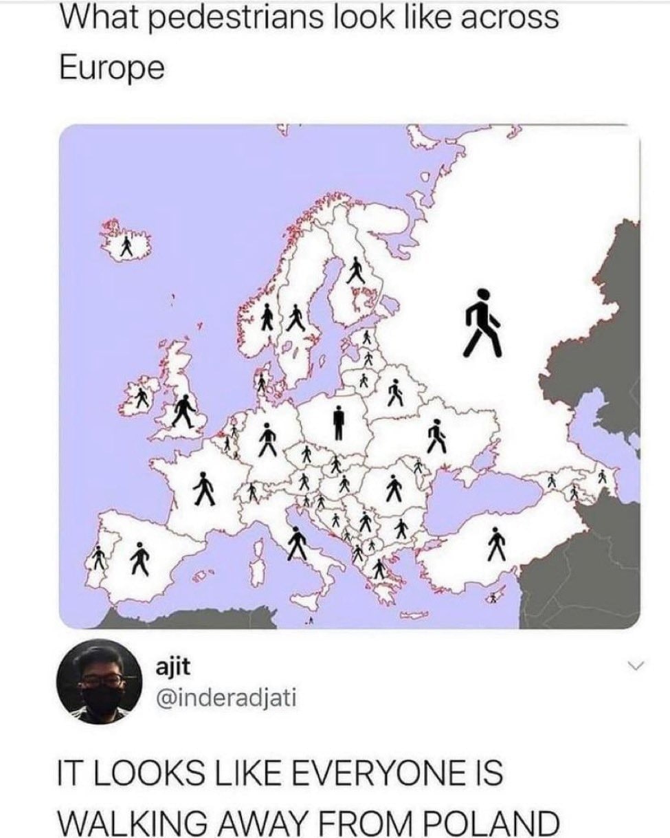 What pedestrians look like across Europe 1. aS ajit @inderadijati IT LOOKS LIKE EVERYONE IS WALKING AWAY FROM POLAND