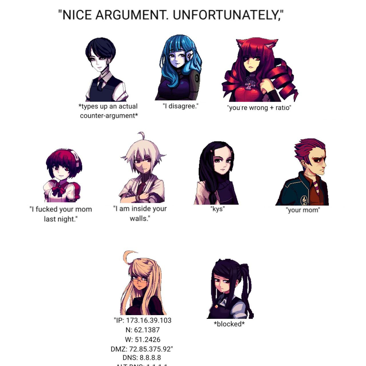 "NICE ARGUMENT. *types up an actual disagree." "you're wrong ratio" counter-argument* и at А fucked your mom inside your "Куз" “your mom" last night." walls." 3) "1 173.16.39.103 *blocked* 62.1387 51.