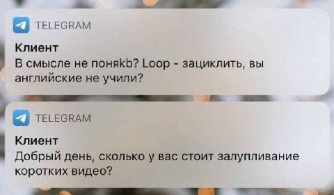 TELEGRAM Клиент В смысле не Loop зациклить, вы английские не учили? TELEGRAM Клиент Добрый день, сколько у вас стоит залупливание коротких видео?