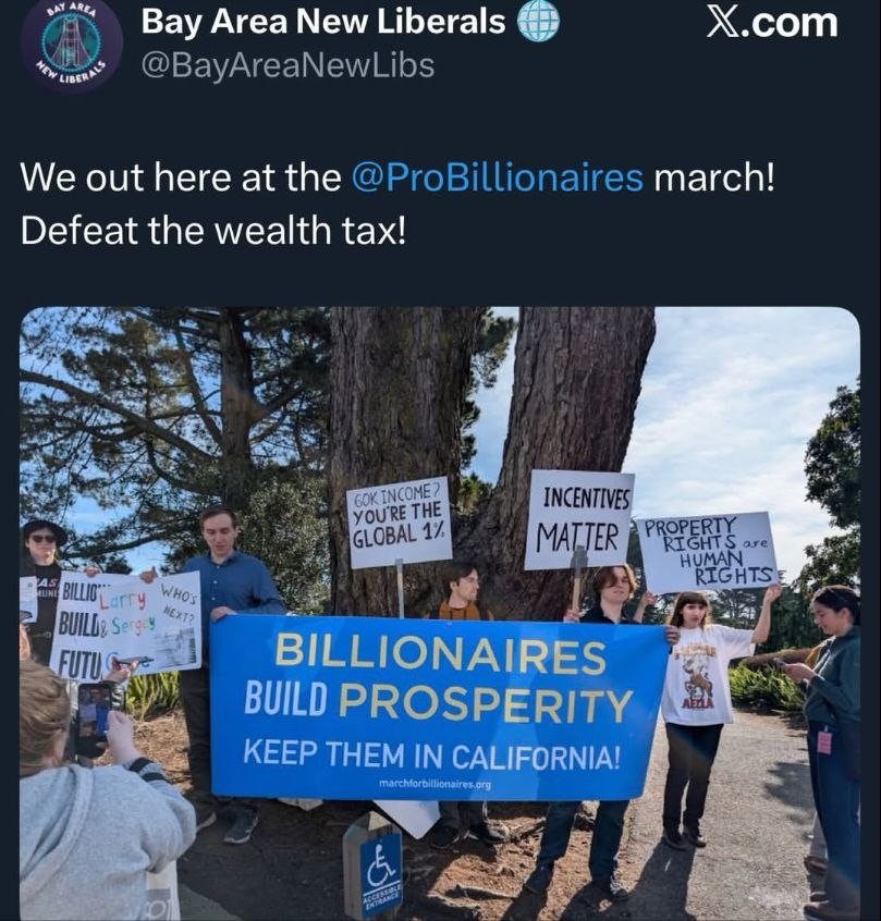 Х.сот в Вау Area New Liberals We out here at the march! Defeat the wealth tax! 5 3 CONE 5 BILLIONAIRES и BUILD PROSPERITY KEEP THEM IN CALIFORNIA! к 1