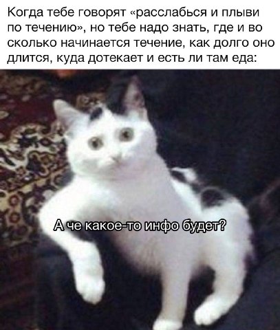 Когда тебе говорят «расслабься и плыви по течению», но тебе надо знать, где и во сколько начинается течение, как долго оно длится, куда дотекает и есть ли там еда: