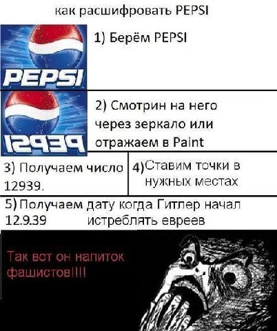 как расшифровать PEPSI 1) Берём PEPSI PEPSI i 2) Смотрин него через зеркало или отражаем в Paint 3) Получаем число 4)Ставим точки в 12939. нужных местах 5) Получаем дату когда Гитлер начал 12.9.39 ист