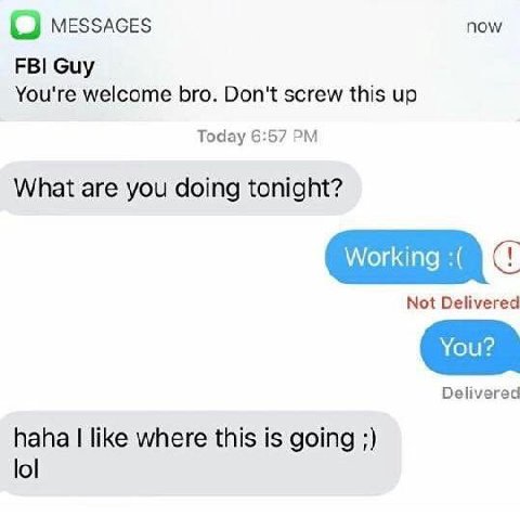 messaces now FBI Guy You're welcome bro. Don't screw this up Today 6:57 What are you doing tonight? Not Delivered Delivered haha like where this is going lol