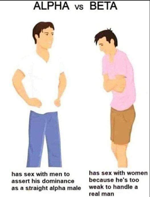 ALPHA BETA has sex with men to has sex with assert his dominance because he’s too weak to handle a as a Straight alpha male real man