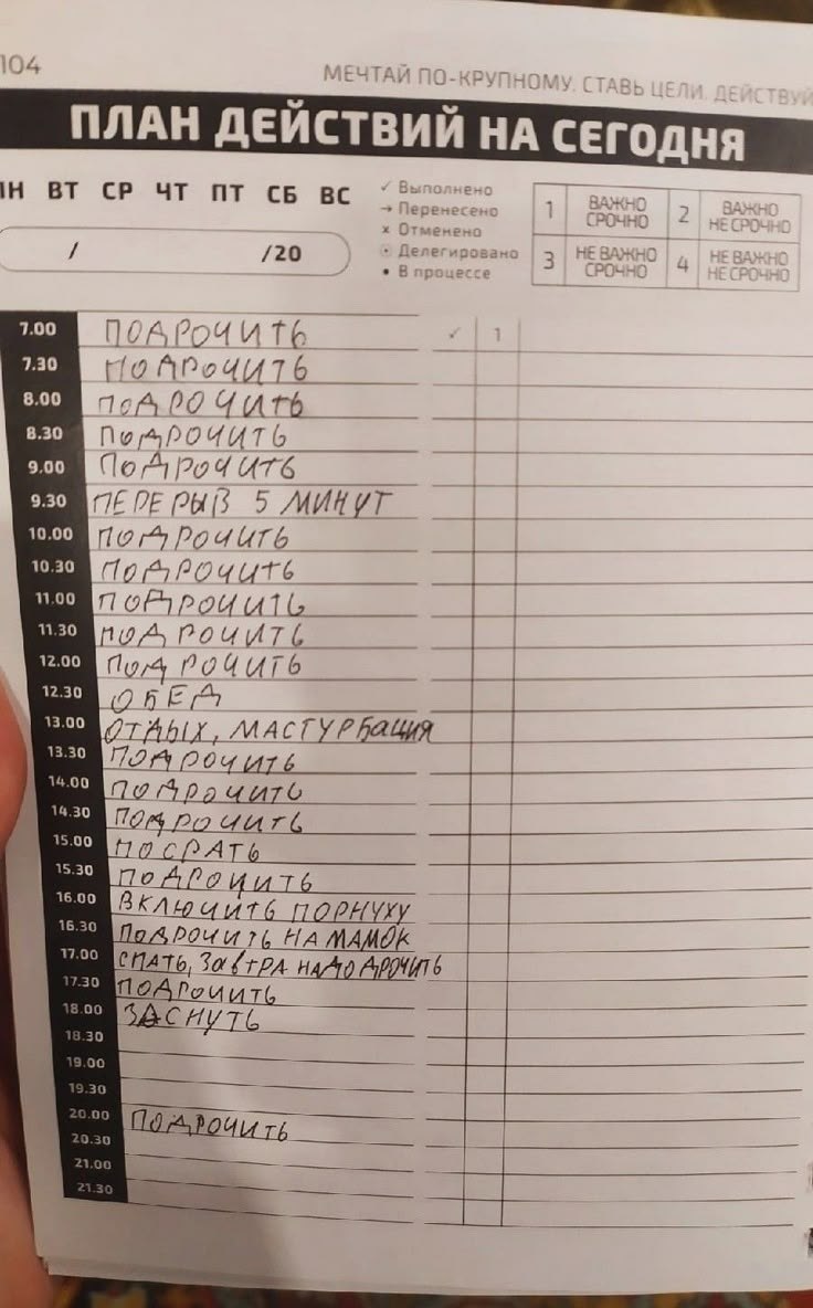 ПЛАН ДЕЙСТВИЙ A СЕГОДНЯ /20 7.00 7.30 8.00 8.30 9.00 204 9.30 5 10.00 1Or 10.30 11.00 11.30 12.00 12.30 13.00 13.30 14.00 14.30 15.00 15.30 OCPAT 16.00 16.30 HAMAMOK 17.00 30 CHATS tPA По [6