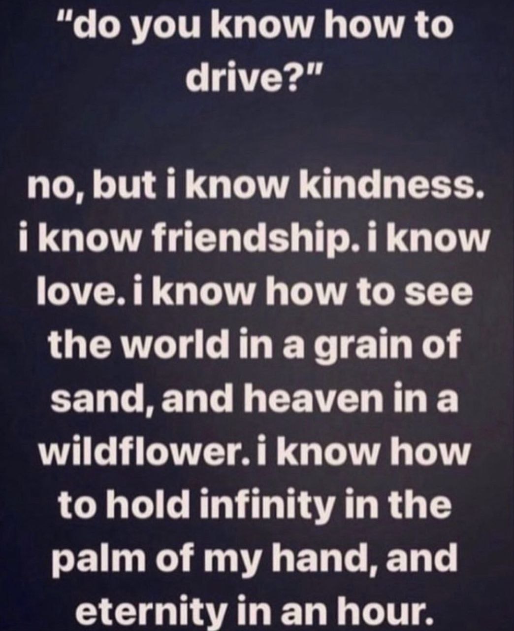you know how to drive?" no, but i know kindness. i know friendship. i know know how to see the world in a grain of sand, and wildflower.i know how to hold infinity in the palm of my hand, and eternity