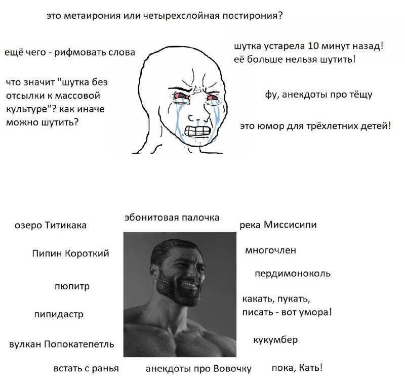 это метаирония или четырехслойная постирония? шутка устарела 10 минут назад! ещё чего рифмовать слова её больше нельзя шутить! что значит "шутка без отсылки к массовой анекдоты про тёщу культуре"? как