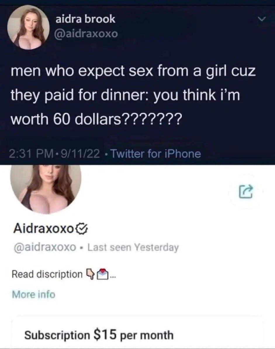 2) aidra brook men who expect sex from a girl cuz they paid for dinner: you think worth 60 dollars??????? Read discription Subscription $15 per month