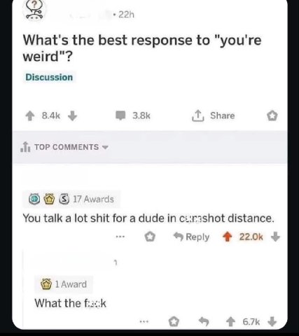 What's the best response to "you're weird"? Discussion Share TOP COMMENTS You talk a lot shit for a dude in distance. Reply 4 What the