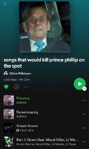 4 songs that would kill prince phillip on the spot Chloe Wilkinson 1,605 likes РопуБоу SOPHIE Faceshopping PSG SOPHIE Vroom Vroom Charli XCX Ram It Down (feat. Mood Killer, Lil Dorian Electra, Mood Ki